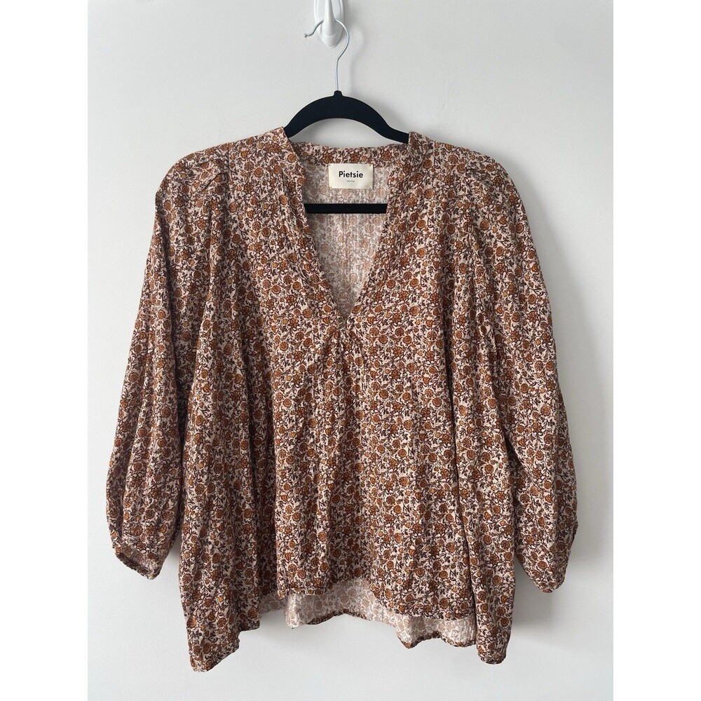 Pietsie Boho Top One Size Hippie Brown Floral Flowy Blouse Prairie Lightweight